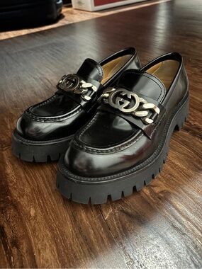 GUCCI Black Lug Sole Horsebit Loafer Sz 38.5 EU 8 US Platform Chunky Heel